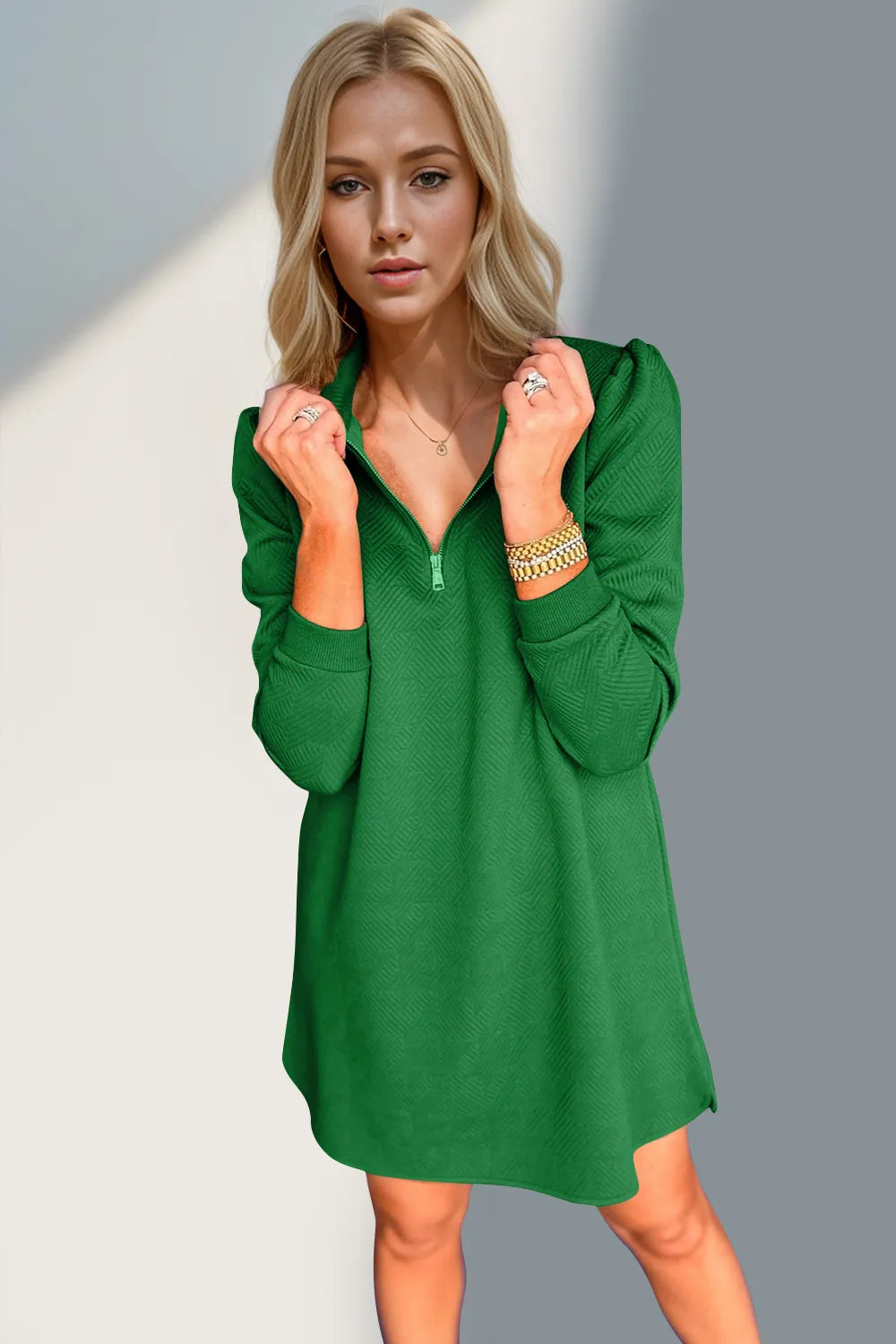 Double Take Textured Quarter Zip Long Sleeve Dress - kinko