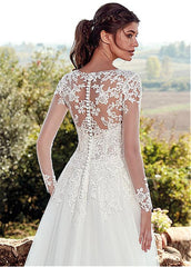 High U-neck Lace Long Sleeve A- Line Long Tail Simple Wedding Dress - kinko