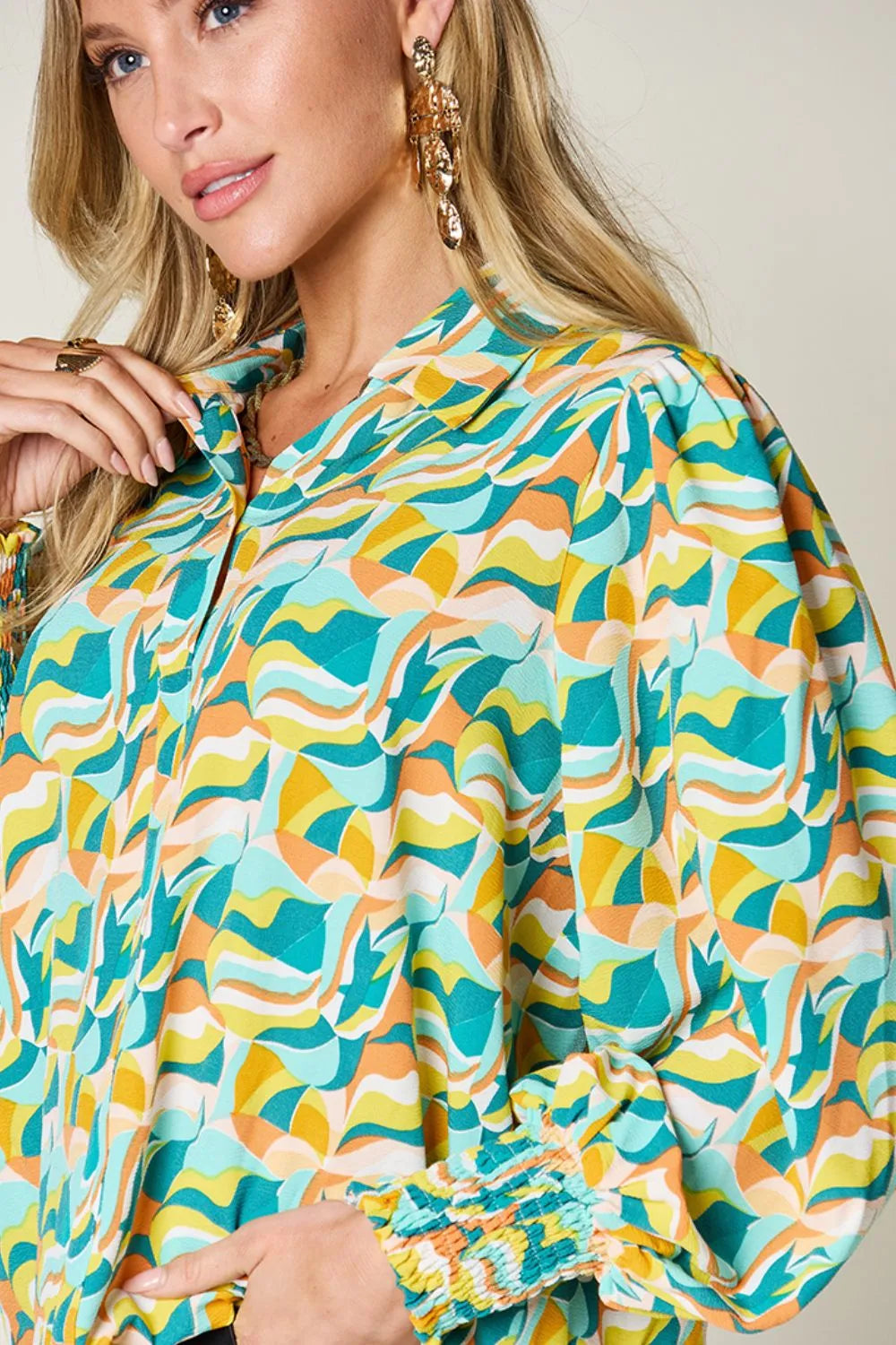 Double Take Full Size Printed Smocked Long Sleeve Blouse - kinko
