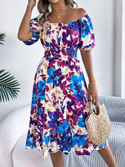 Ruffled Hem Smocked Floral Short Sleeve Midi Dress - kinko