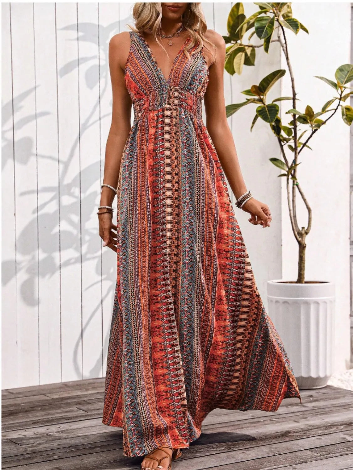 Tied Back Printed Sleeveless Maxi Slit Dress - kinko