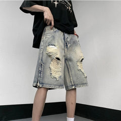 American High Street Retro Tattered Jeans Denim Shorts Wide Leg - kinko
