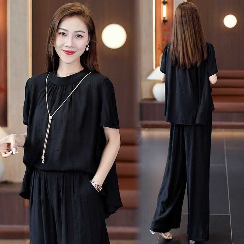 Loose Temperament Short-sleeved Wide-leg Pants Two-piece Set - kinko