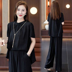 Loose Temperament Short-sleeved Wide-leg Pants Two-piece Set - kinko