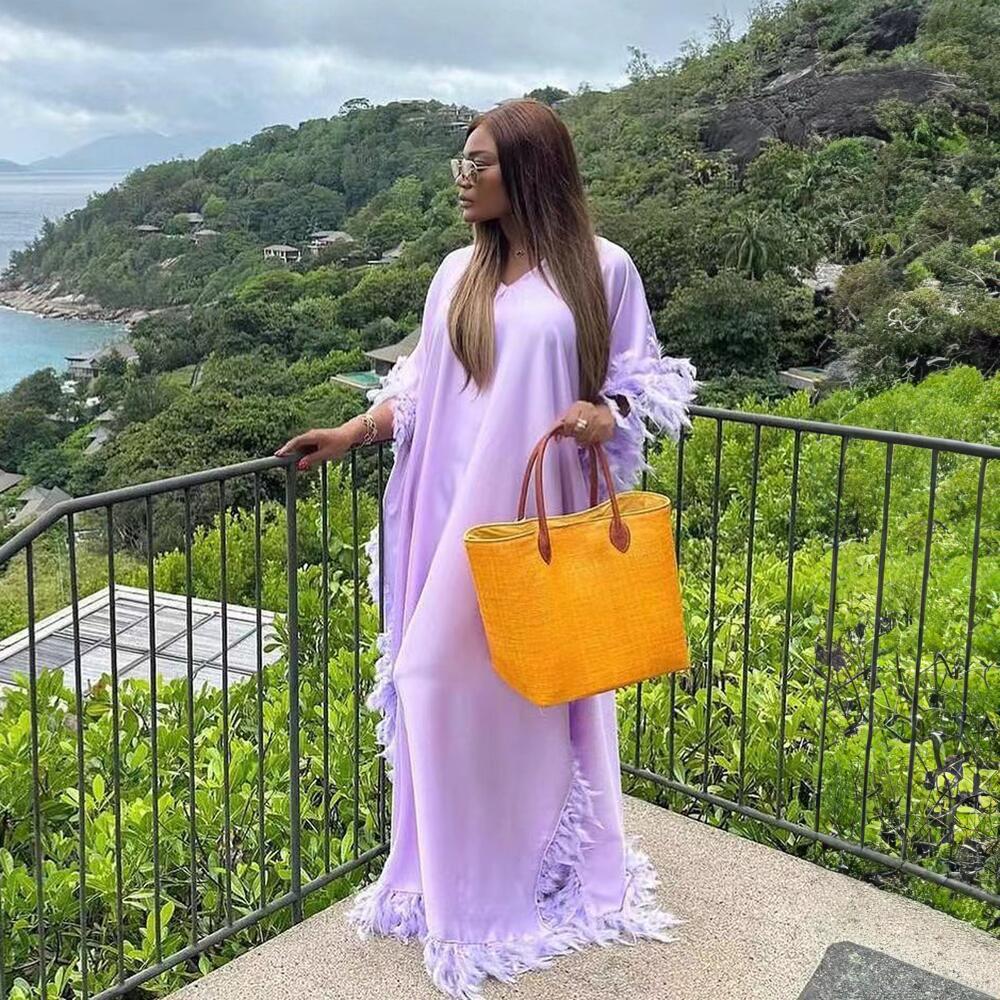African Women's Loose Dress Luxury Fully Surrounded Light Feather Batwing Sleeve High Slit Robe - kinko
