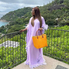 African Women's Loose Dress Luxury Fully Surrounded Light Feather Batwing Sleeve High Slit Robe - kinko