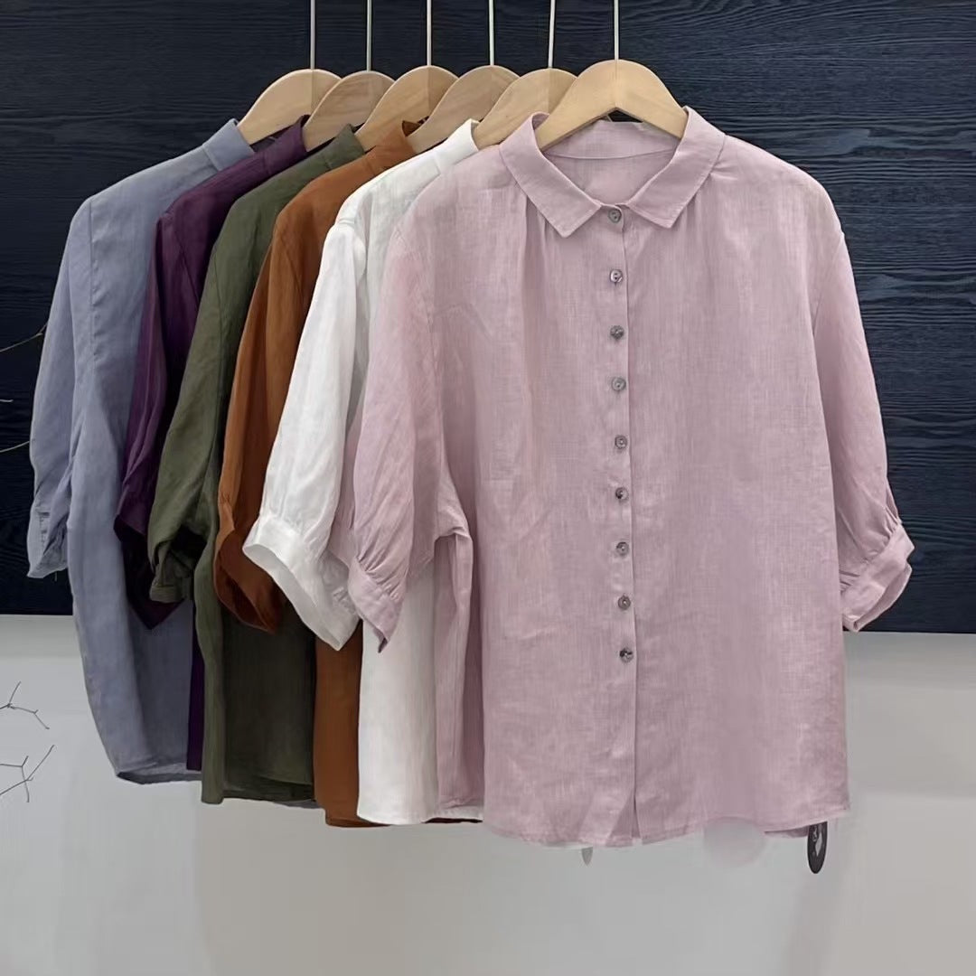 Artistic Versatile Breathable Solid Color Linen Women's Shirt - kinko