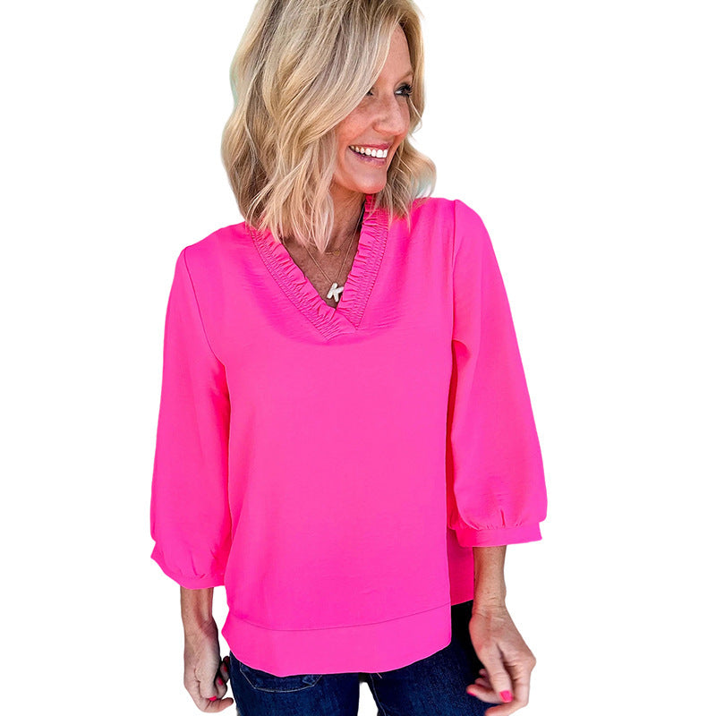 Solid Color And V-neck Women's Loose Casual Chiffon Shirt Top - kinko