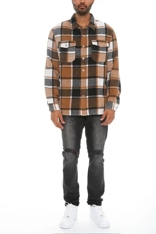 WEIV Men's Full Size Checkered Soft Flannel Shacket Plus Size - kinko