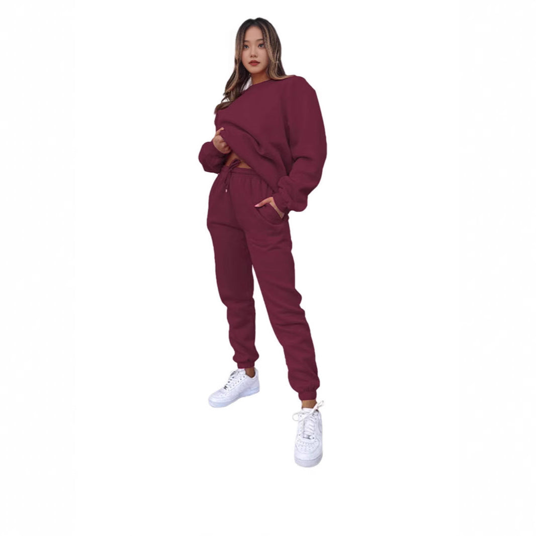 Crew Neck Pullover Sweatshirt Fleece-lined Fashion Casual Sweater Sweatpants Two-piece Set - kinko