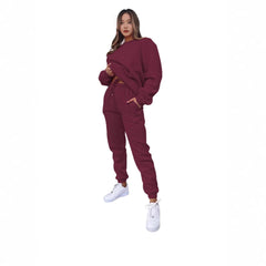 Crew Neck Pullover Sweatshirt Fleece-lined Fashion Casual Sweater Sweatpants Two-piece Set - kinko