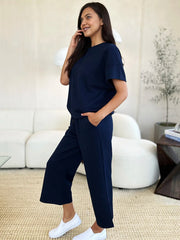 Double Take Full Size Texture Short Sleeve Top and Pants Set - kinko