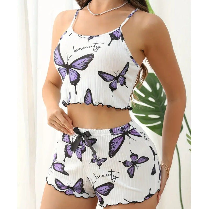 Butterfly Print Suspender Shorts Comfortable Casual Suitable For Daily Wear Ladies' Homewear - kinko