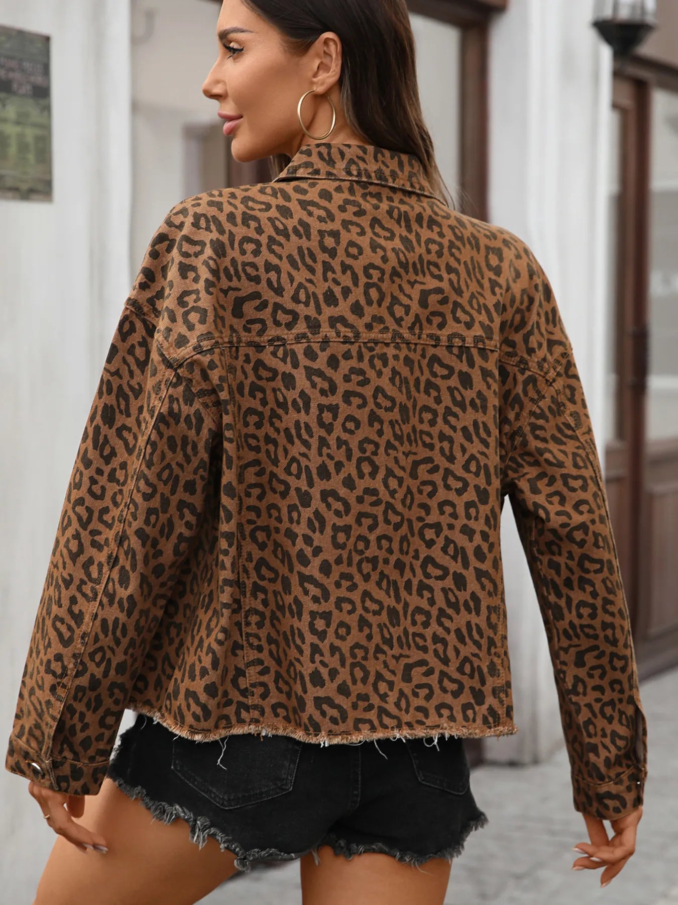 Leopard Print Raw Hem Denim Jacket - kinko
