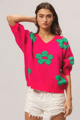 BiBi Pearl Beads Flowers Sweater Top - kinko