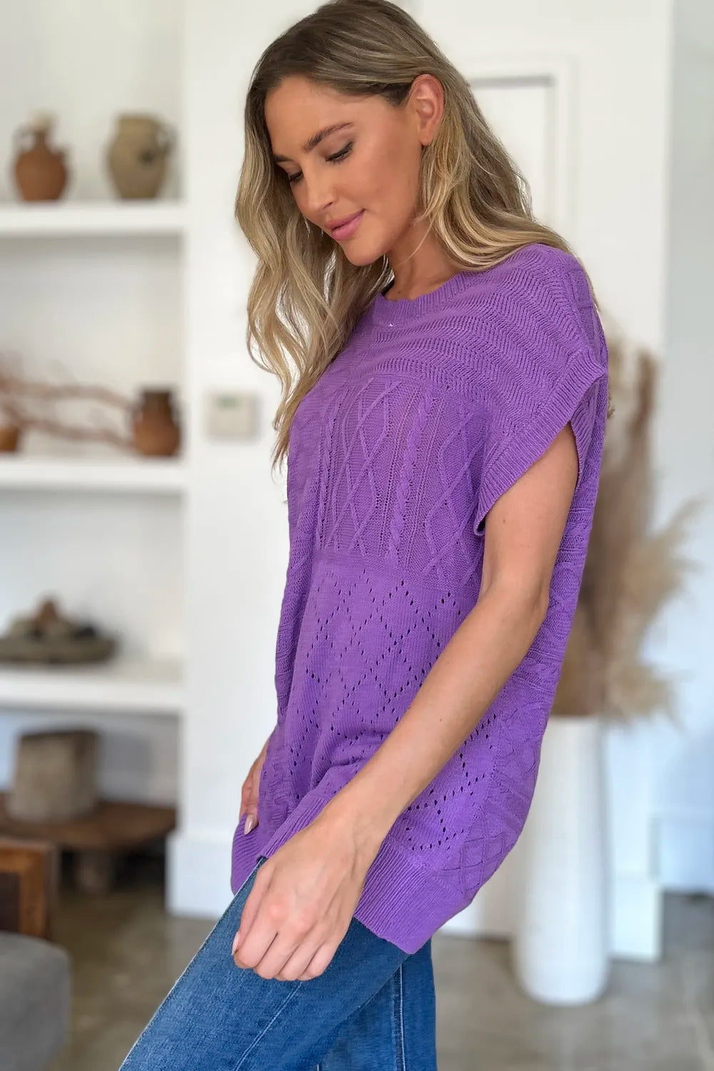 Double Take Full Size Cable-Knit Round Neck Cap Sleeve Sweater - kinko