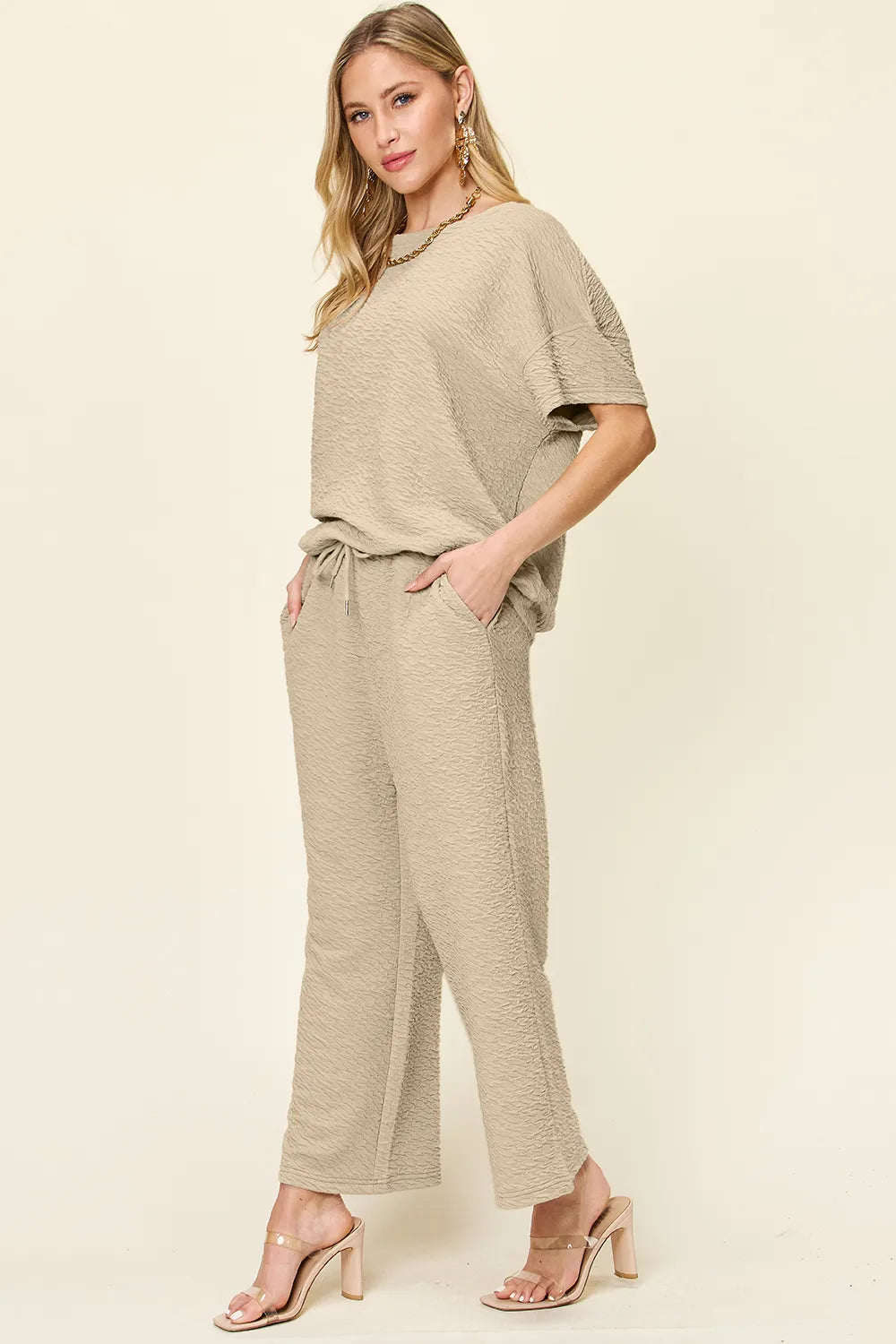 Double Take Full Size Texture Short Sleeve Top and Pants Set - kinko