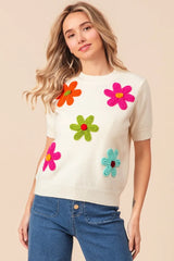 BiBi Crochet Flower Patch Sweater Top - kinko