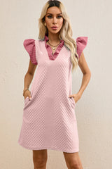 Ruffled V-Neck Cap Sleeve Mini Dress - kinko