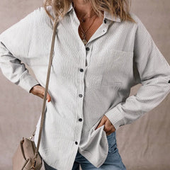 Stripe Roll-tab Sleeve Pocketed Long Shirt - kinko