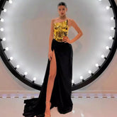 One-shoulder Leather Top Slit Mop Black Dress Two-piece Set Sexy Lacing Backless Light Dress - kinko