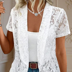 Elegant Solid Color Women's Lace Cardigan - Stylish Breathable Slim-Fit Spring&Summer Blouse With Floral Lace Detail - kinko