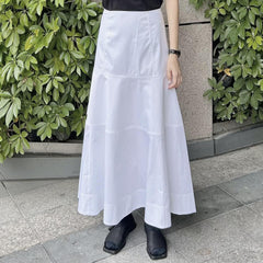 Women's White High Waisted Spliced Cotton Mid Length Skirt - kinko