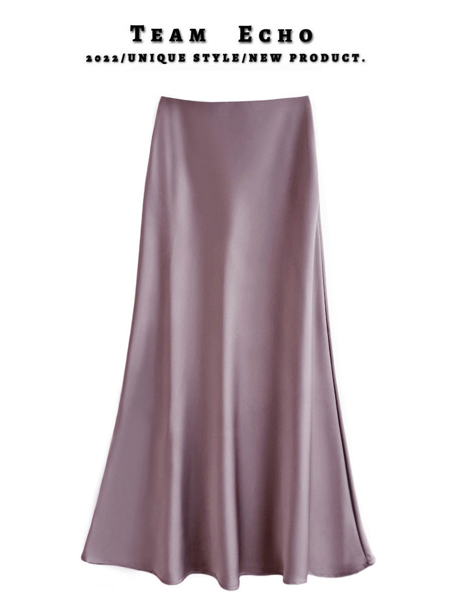 High Waist Slimming Mid-length Satin Acetate Silky Skirt - kinko