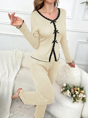 Long Sleeve Trousers Casual Homewear Lace Cardigan Suit - kinko