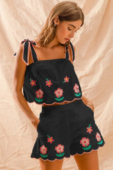 SO ME Flower Embroidered Tank Top and Shorts Set - kinko
