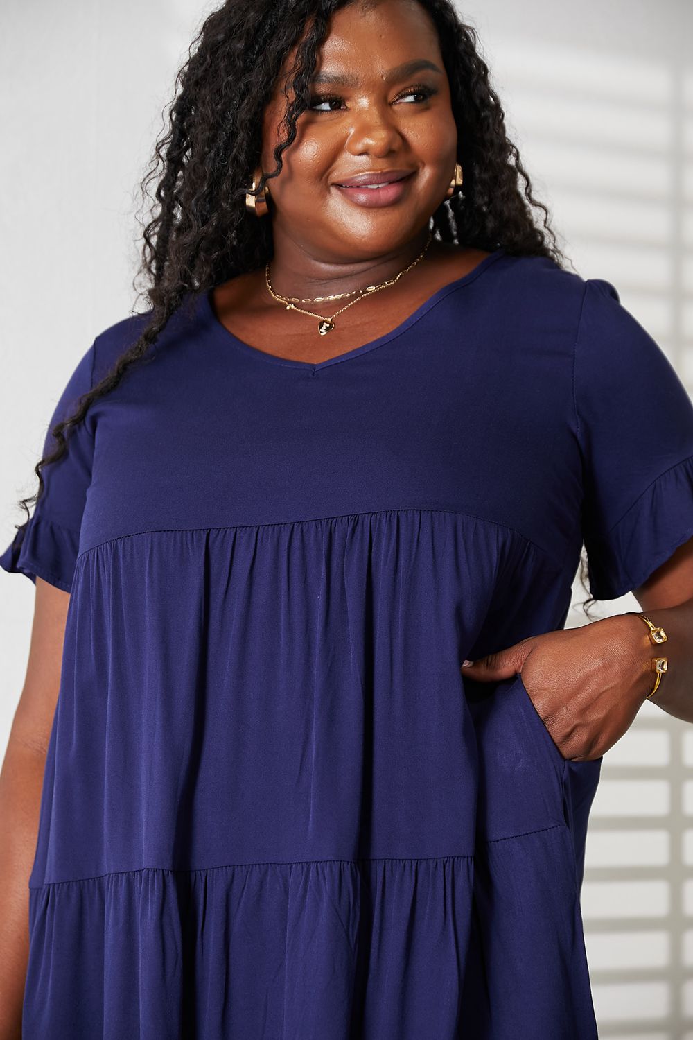 Mandy V-Neck Flounce Sleeve Tiered Dress - kinko