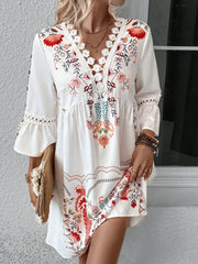 Lace Detail Printed Three-Quarter Sleeve Dress - kinko