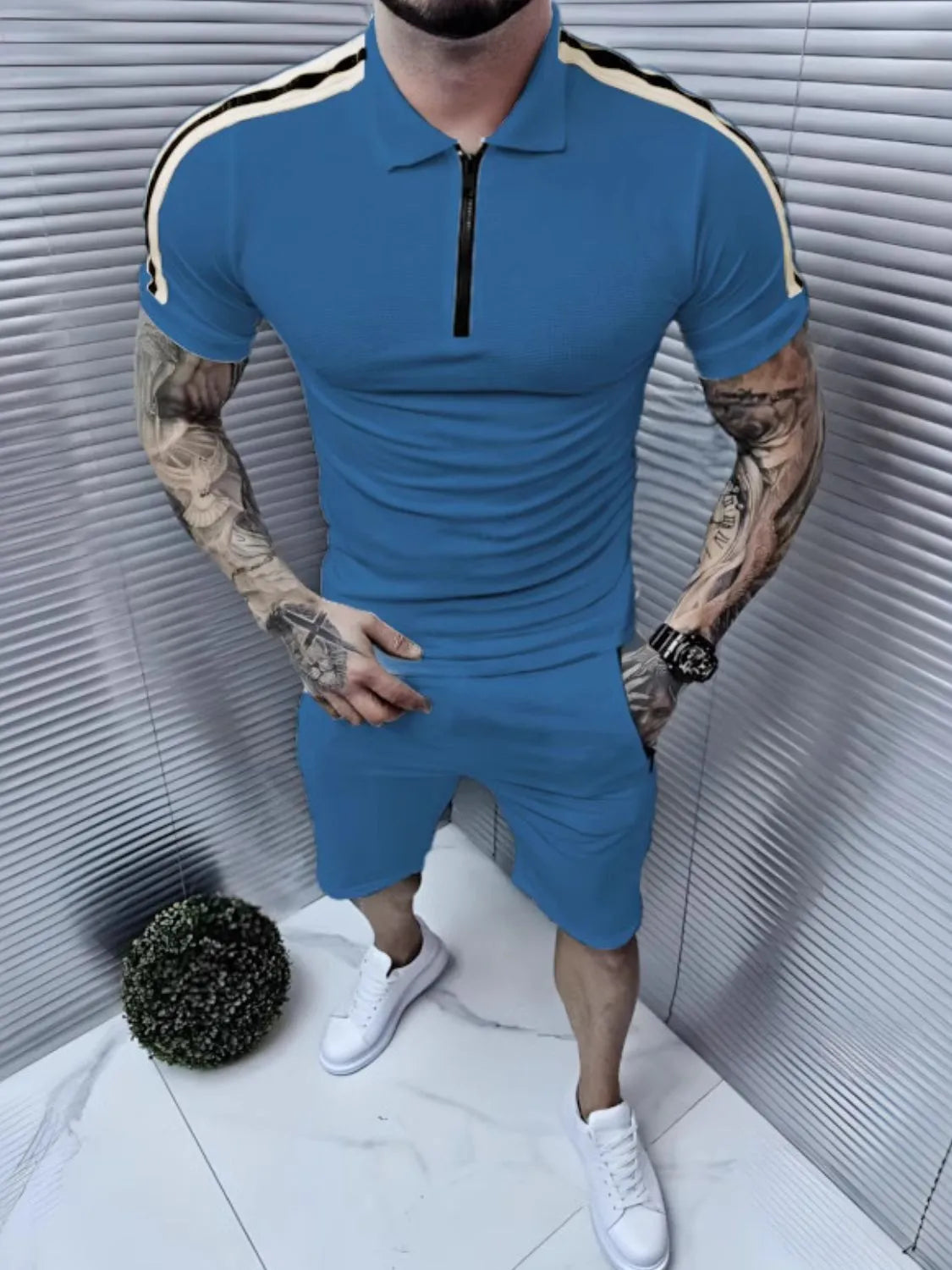 Men's Collared Neck Short Sleeve Top and Shorts Set - kinko