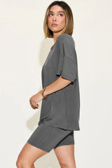 Basic Bae Full Size V-Neck Drop Shoulder T-Shirt and Shorts Set - kinko