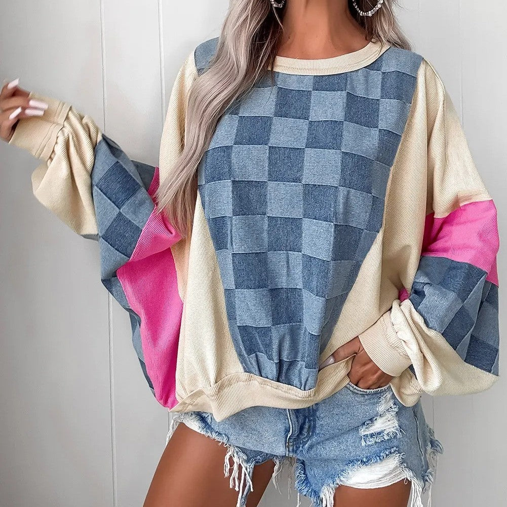 Sky Blue Oversized Checkered Denim Exposed Seam Patchwork Casual Sweatshirt - kinko