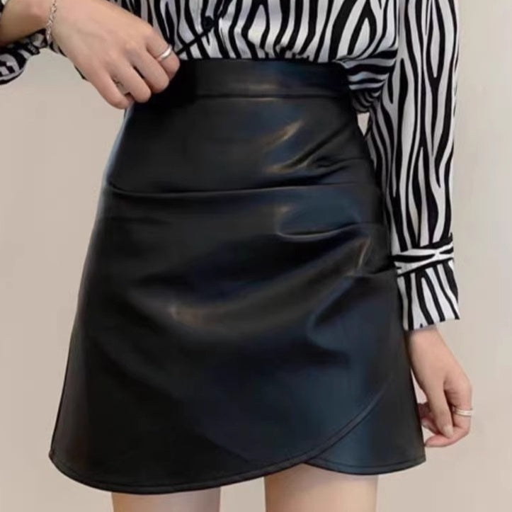 Black Small Leather Skirt Women's Springautumnwinter High Waist Ruffle Hip Short Skirt - kinko