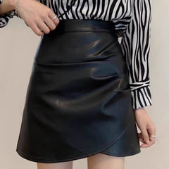 Black Small Leather Skirt Women's Springautumnwinter High Waist Ruffle Hip Short Skirt - kinko
