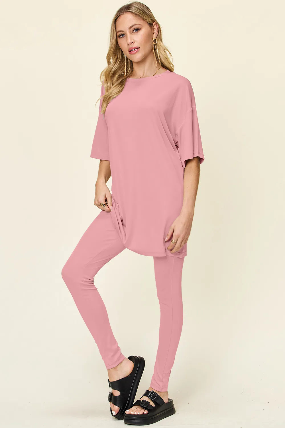 Double Take Full Size Round Neck Dropped Shoulder T-Shirt and Leggings Set - kinko