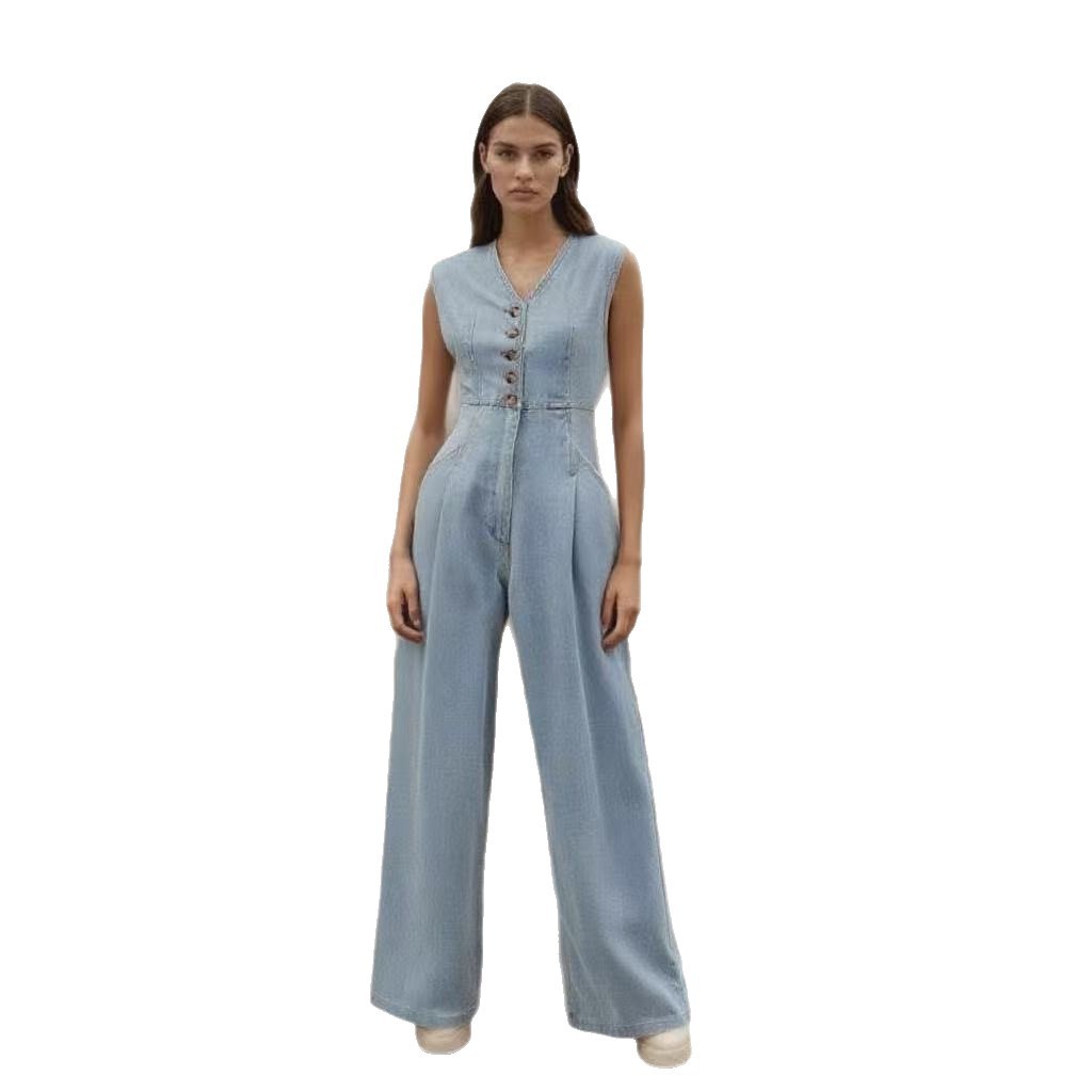 V-neck Double-breasted Sleeveless Wide Leg Overall Jeans - kinko