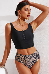 Half Snap Square Neck Tankini Set - kinko