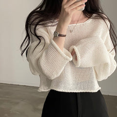 Off-neck Casual Sun-proof Blouse Thin Knitted Top - kinko