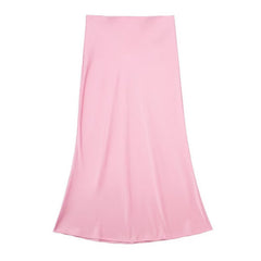 Solid Color Slim Silk Satin Texture Midi Skirt - kinko