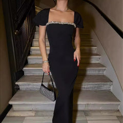 Solid Color Diamond Evening Dress - kinko