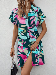 New Floral Print Short Sleeve Shirt Dress Summer Fashion Lapel Loose A-line Dresses For Womens Clothing - kinko