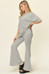 Double Take Full Size Round Neck Drop Shoulder T-Shirt and Flare Pants Set - kinko