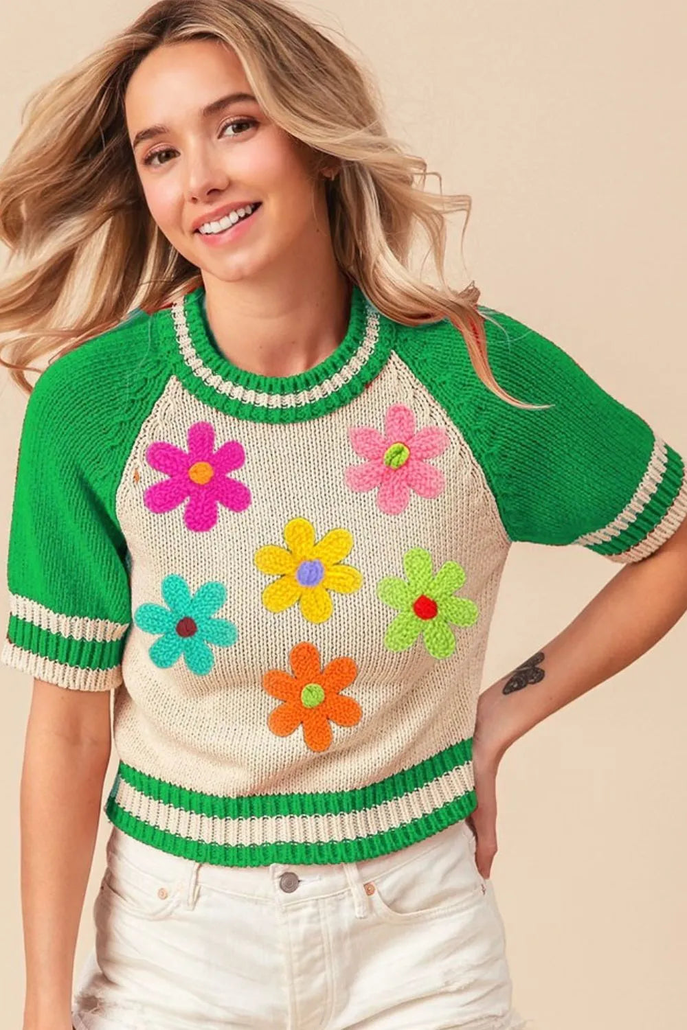 BiBi Crochet Flower Patches Striped Rib Band Sweater - kinko