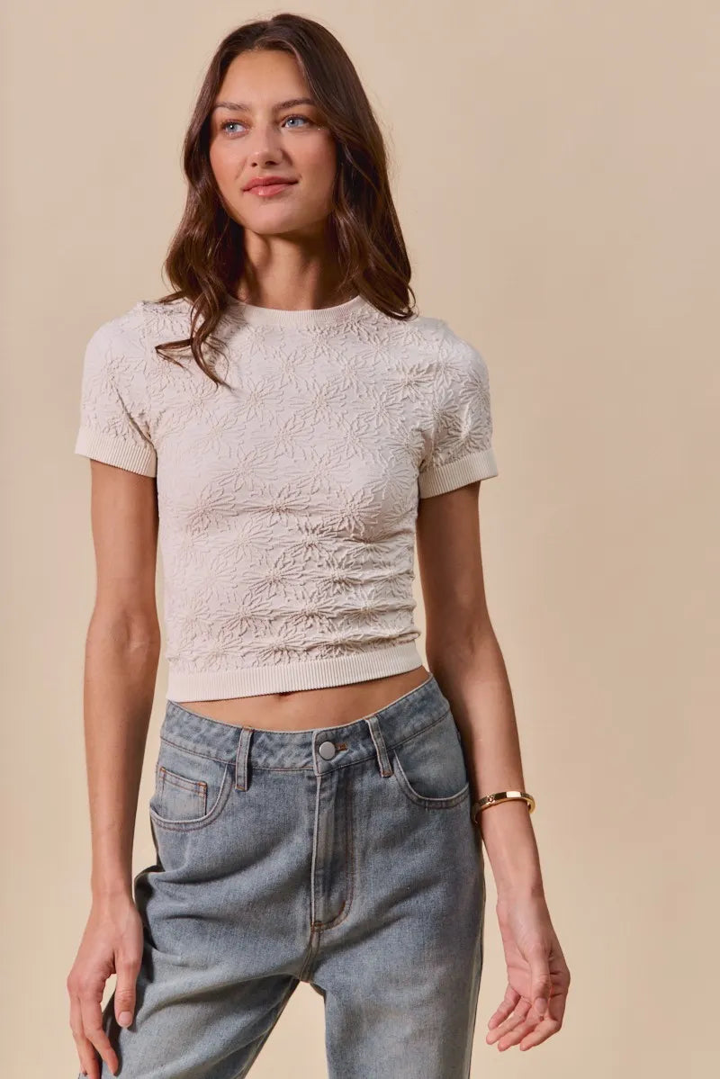 SO ME Floral Patterned Seamless Short Sleeve Top - kinko