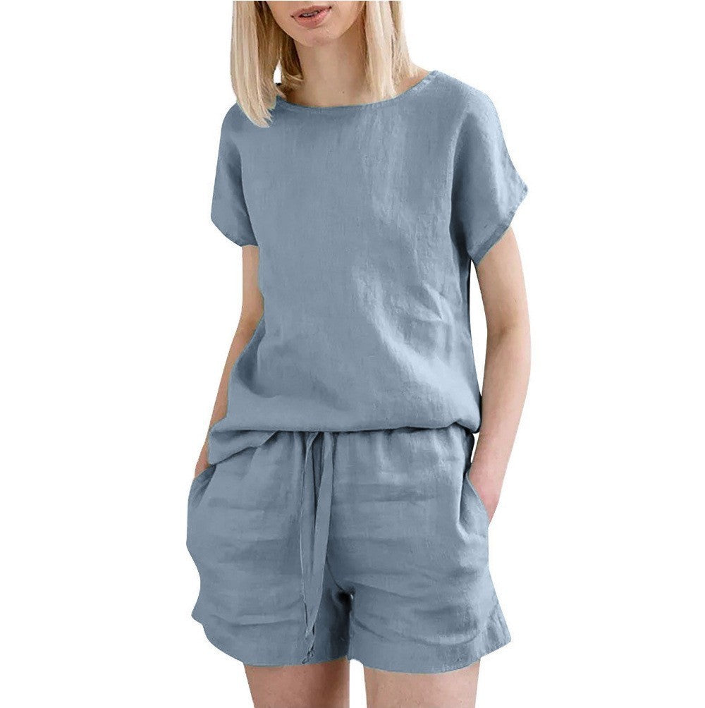 Short Sleeve Cotton Linen Retro Fashion Solid Color Top Shorts Suit - kinko