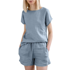 Short Sleeve Cotton Linen Retro Fashion Solid Color Top Shorts Suit - kinko