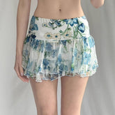 American Street Style Mesh Floral Print Irregular Skirt - kinko